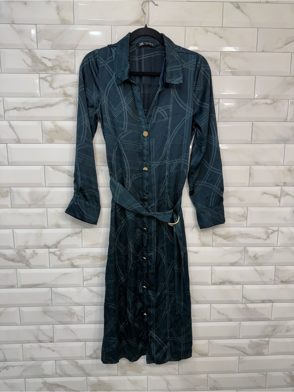 Zara Teal Plaid Midi Shirt Dress with Belt